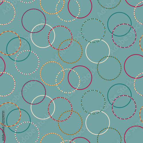 Minimal fun hula hoop vector pattern, seamless repeat on plain minty background. Trendy flat style. Great retro colored design for fabrics, wallpapers, paper products etc.