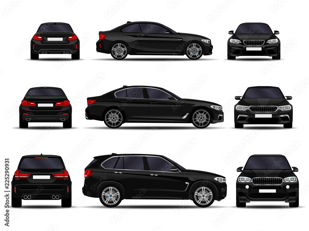 realistic cars set. front view; side view; back view. Stock Vector