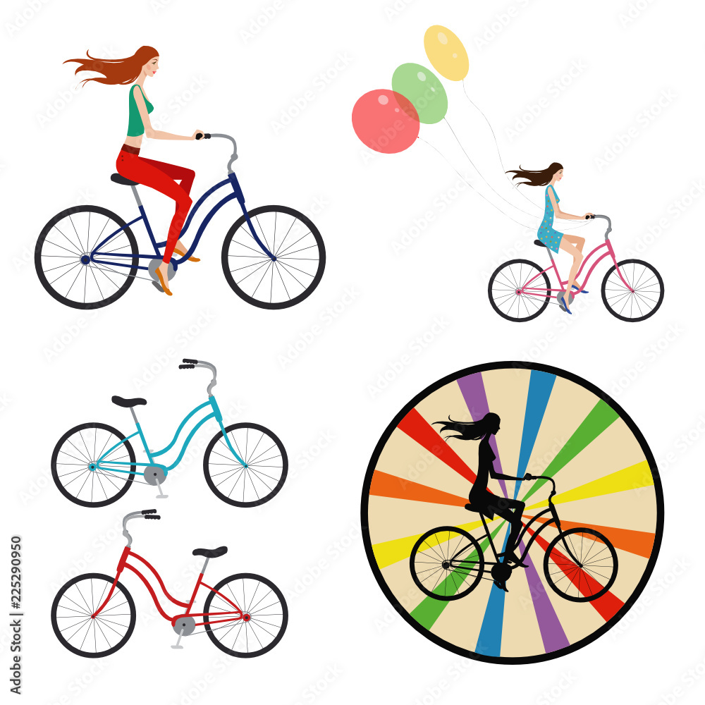 Fototapeta premium Young girl riding a bicycle .Set of four illustrations