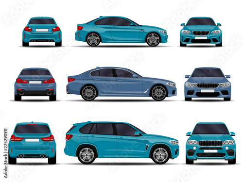 realistic cars set. front view; side view; back view.