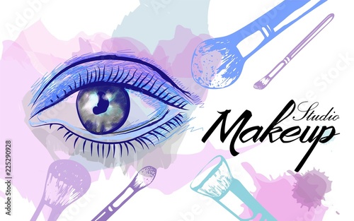 Vector hand drawn illustration of colorful women eye and makeup brushes. Concept for beauty salon, cosmetics label, cosmetology procedures, visage and makeup.