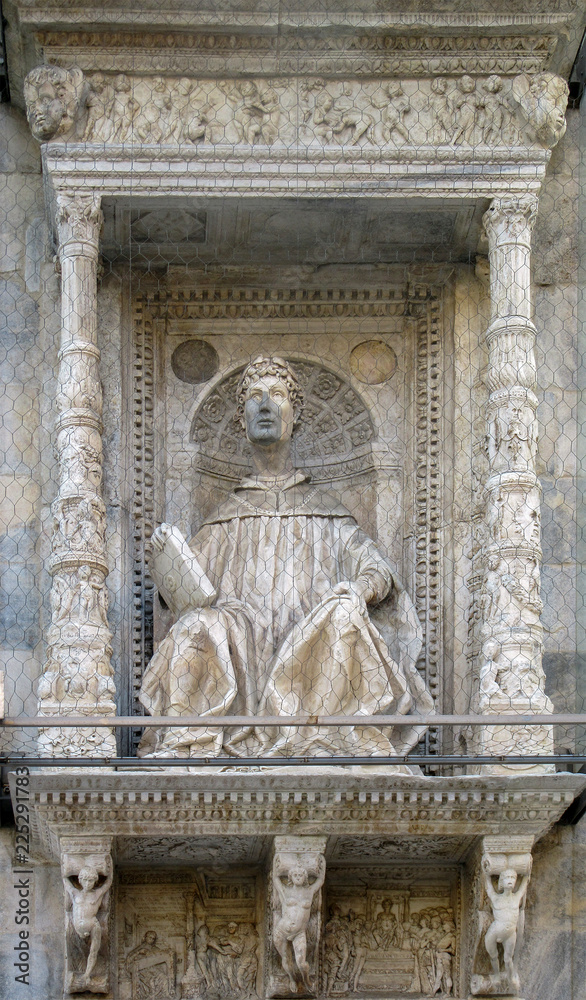 Detail of the facade of the cathedral in Como, northern Italy. It is located on Piazza Duomo.