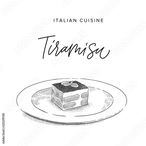 italian dessert tiramisu on a plate, sketch style vector illustration