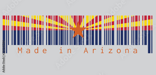 Barcode set the color of Arizona flag, The states of America, red and yellow on the top half, with star and the rest of the flag is colored blue, text: Made in Arizona. concept of sale or business.