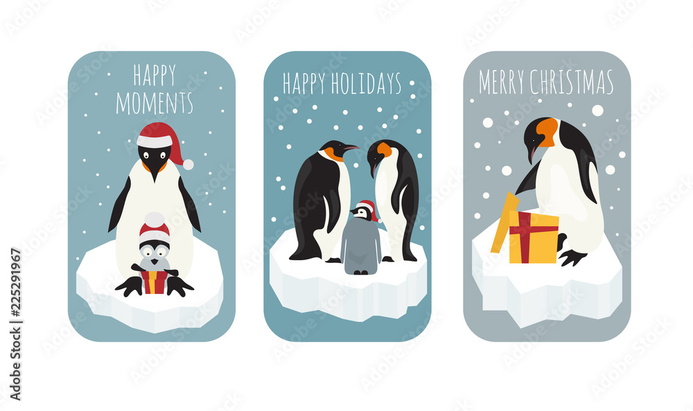 Obraz premium Imperial penguin on the ice floe sticker icon set. Elements for christmas holiday greeting card, poster design