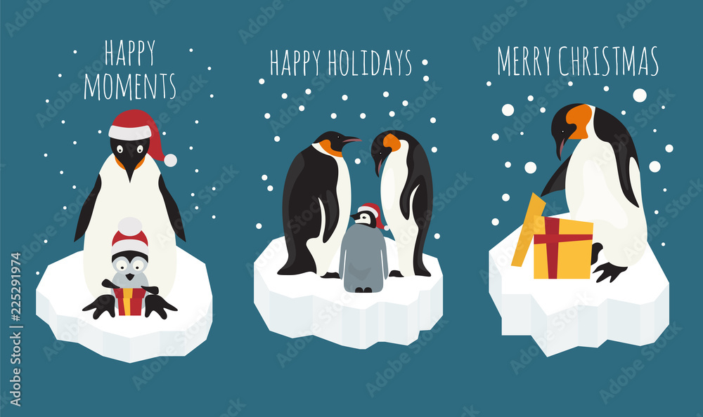 Obraz premium Imperial penguin on the ice floe sticker icon set. Elements for christmas holiday greeting card, poster design