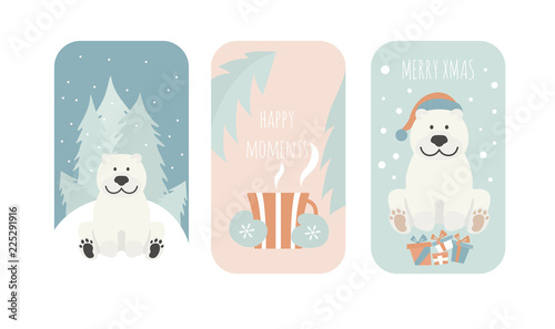 Cute polar bear. Christmas holiday greeting card, poster design