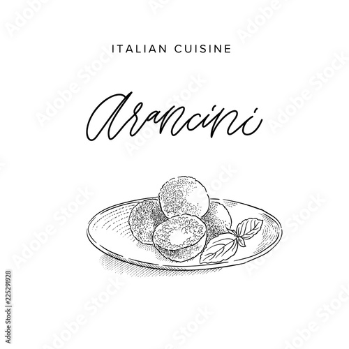 fried rice balls arancini on a plate, sketch style vector illustration