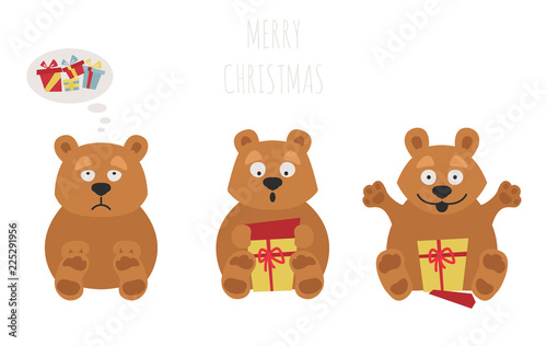 Cute brown bear sticker set. Elements for christmas holiday greeting card, poster design
