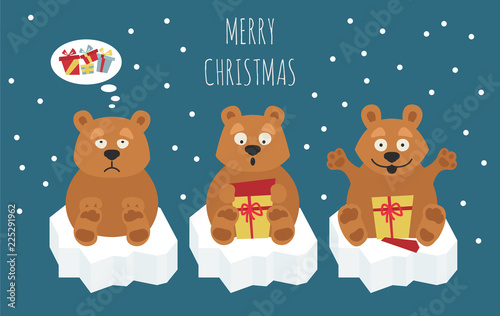 Cute brown bear sticker set. Elements for christmas holiday greeting card, poster design