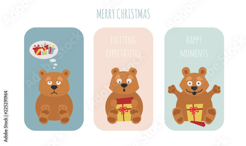 Cute brown bear sticker set. Elements for christmas holiday greeting card, poster design