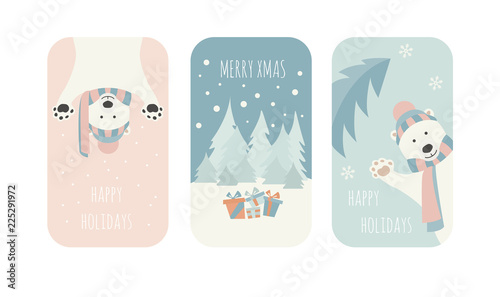 Cute polar bear. Christmas holiday greeting card, poster design