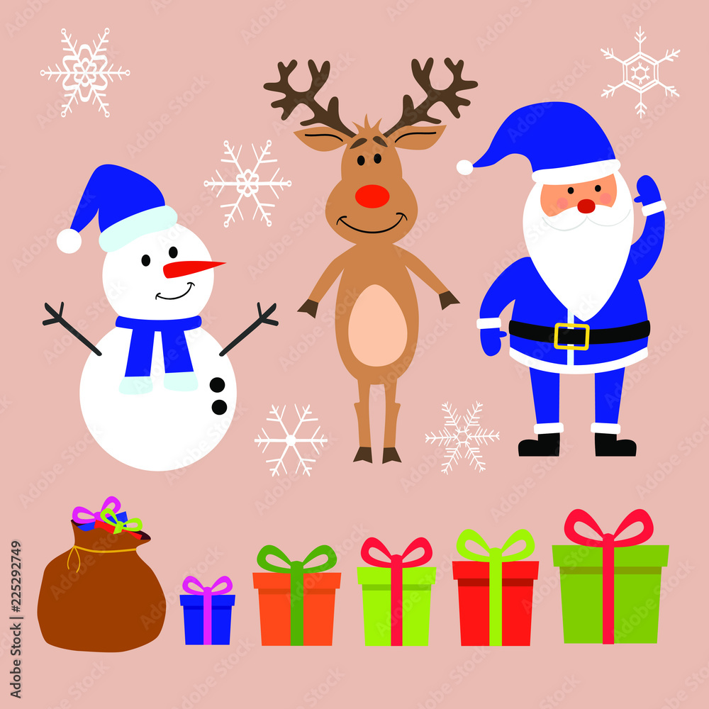 Merry Christmas and happy new year greeting Santa Claus, gift bag, reindeer, snowman, gift box set isolated on background vector illustration