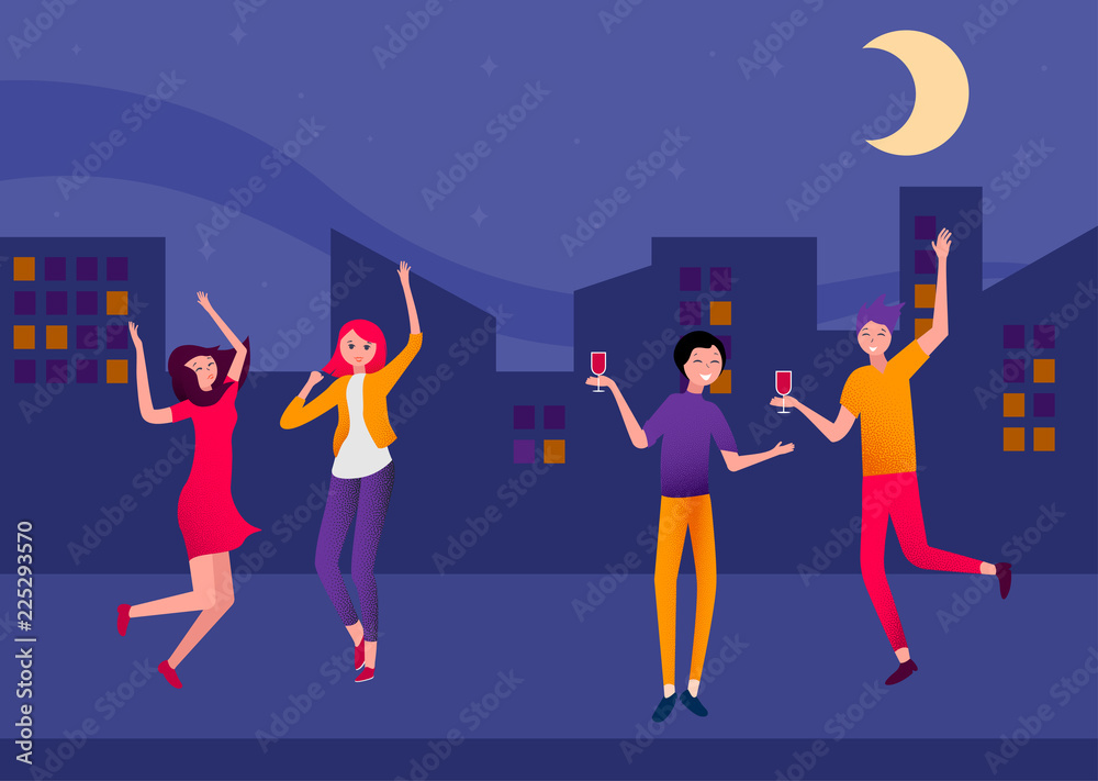 Night cityscape background with happy dancing people.