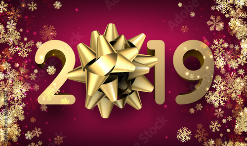 Pink 2019 New Year poster with snowflakes and golden bow.