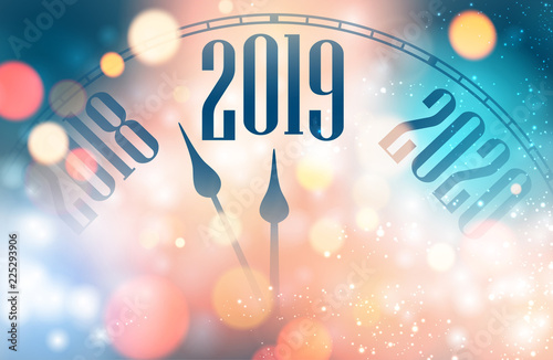 Blurred shiny New Year 2019 poster with clock.