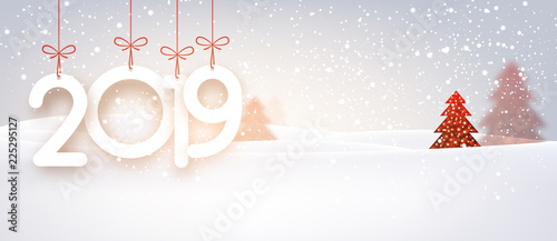 Red 2019 New Year background with winter landscape.