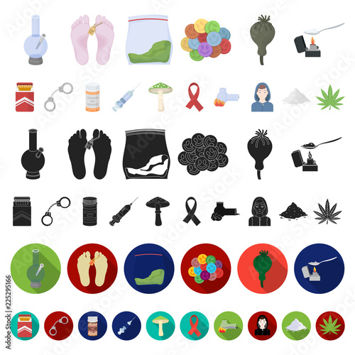 Drug addiction and attributes cartoon icons in set collection for design. Addict and Drug vector symbol stock web illustration.