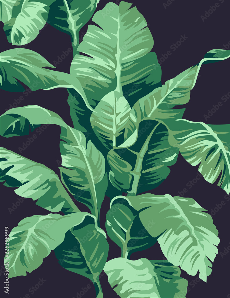 Pattern banana tree and leaves that it is a tropical plant on dark background, flat line vector and illustration. Pattern banana tree and leaves that it is a tropical plant on dark background, flat line vector and illustration.