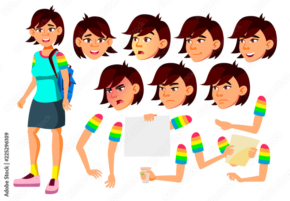 Asian Teen Girl Vector. Teenager. Positive Person. Face. Children. Face Emotions, Various Gestures. Animation Creation Set. Isolated Flat Cartoon Character Illustration Asian Teen Girl Vector. Teenager. Positive Person. Face. Children. Face Emotions, Various Gestures. Animation Creation Set. Isolated Flat Cartoon Character Illustration