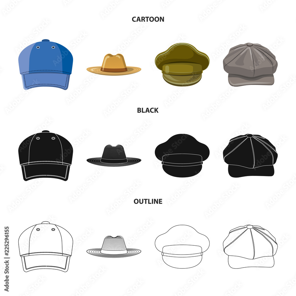 Isolated object of headgear and cap logo. Set of headgear and accessory vector icon for stock. Isolated object of headgear and cap logo. Set of headgear and accessory vector icon for stock.