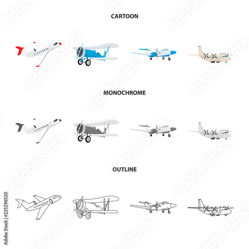 Vector design of plane and transport sign. Set of plane and sky stock symbol for web.