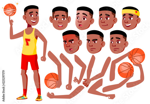 Teen Boy Vector. Black. Afro American. Teenager. Cute, Comic. Joy. Face Emotions, Various Gestures. Animation Creation Set. Isolated Flat Cartoon Character Illustration