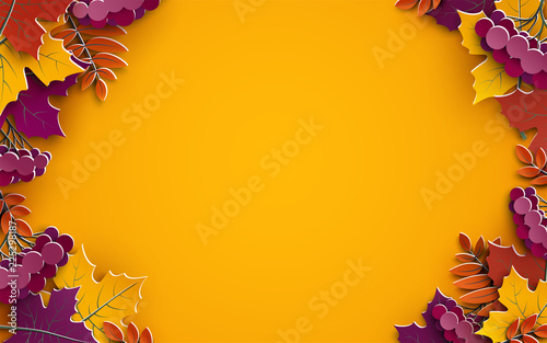 Autumn background, tree paper leaves, yellow backdrop, design for fall season sale banner, poster or thanksgiving day greeting card, festival invitation, paper cut out art style, vector illustration