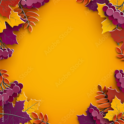 Autumn background, tree paper leaves, yellow backdrop, design for fall season sale banner, poster or thanksgiving day greeting card, festival invitation, paper cut out art style, vector illustration