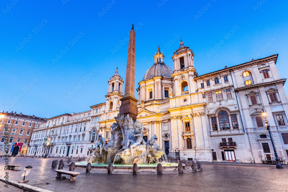 Rome, Italy. The fountain of the four Rivers with Egyptian obelisk, Piazza Navona.