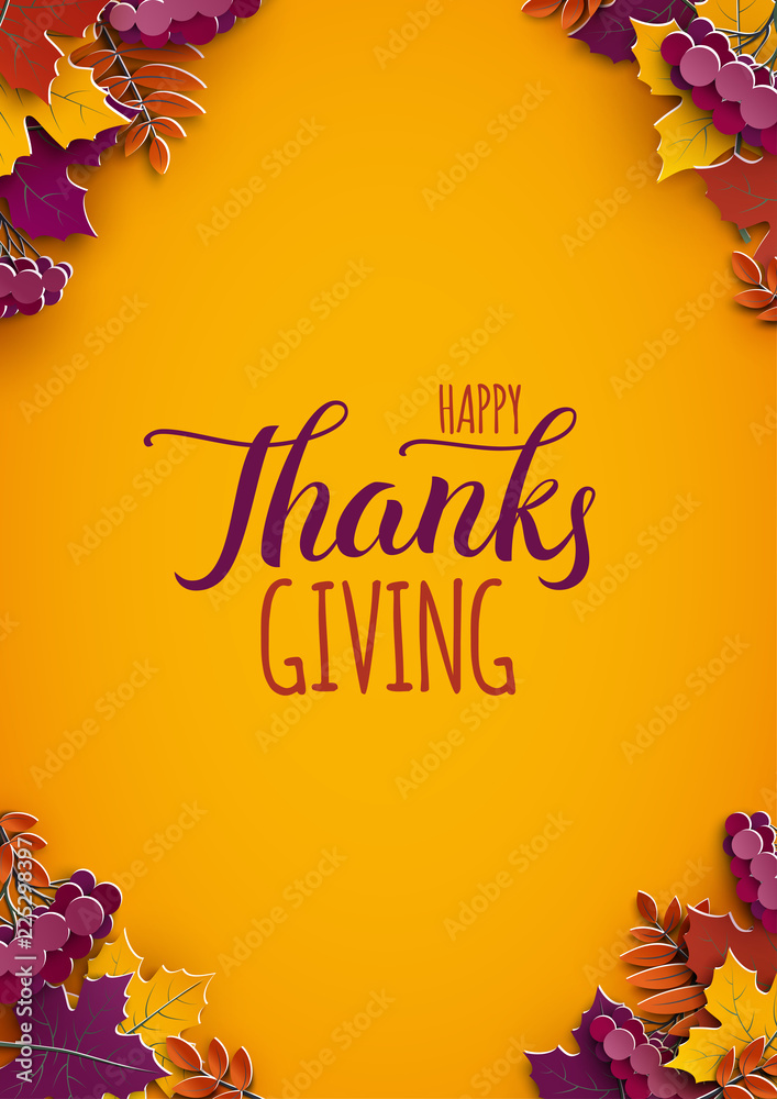 Obraz premium Thanksgiving holiday poster with congratulation text. Autumn tree leaves on yellow background. Autumnal design for fall season poster, thanksgiving greeting card, paper cut style, vector illustration