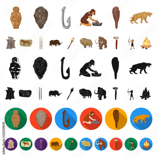 Life in the Stone Age cartoon icons in set collection for design. Ancient people vector symbol stock web illustration.