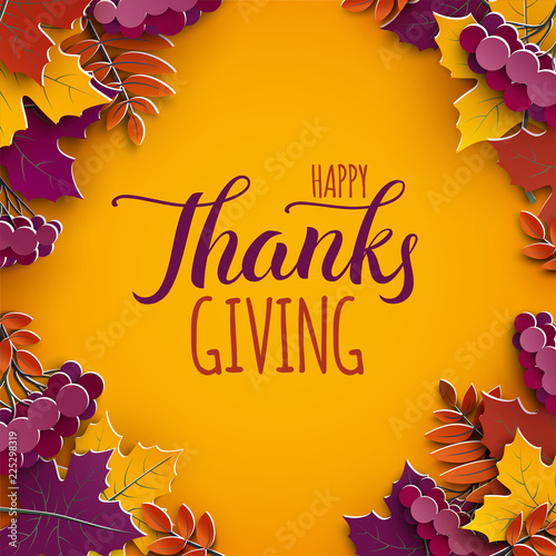Thanksgiving holiday banner with congratulation text. Autumn tree leaves on yellow background. Autumnal design for fall season poster, thanksgiving greeting card, paper cut style, vector illustration