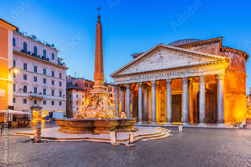 Rome, Italy. Pantheon temple, Rotonda square and Fountain at twilight.