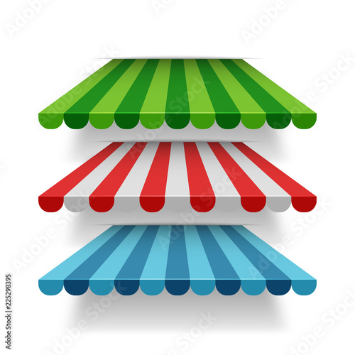 Set of red, blue, and green store roof awnings or tents