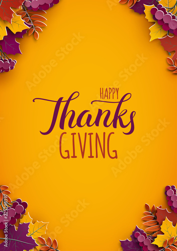 Thanksgiving holiday poster with congratulation text. Autumn tree leaves on yellow background. Autumnal design for fall season poster, thanksgiving greeting card, paper cut style, vector illustration