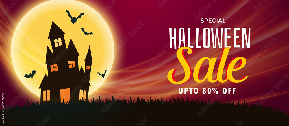 spooky halloween sale banner with haunted house and flying bats - obrazy, fototapety, plakaty 