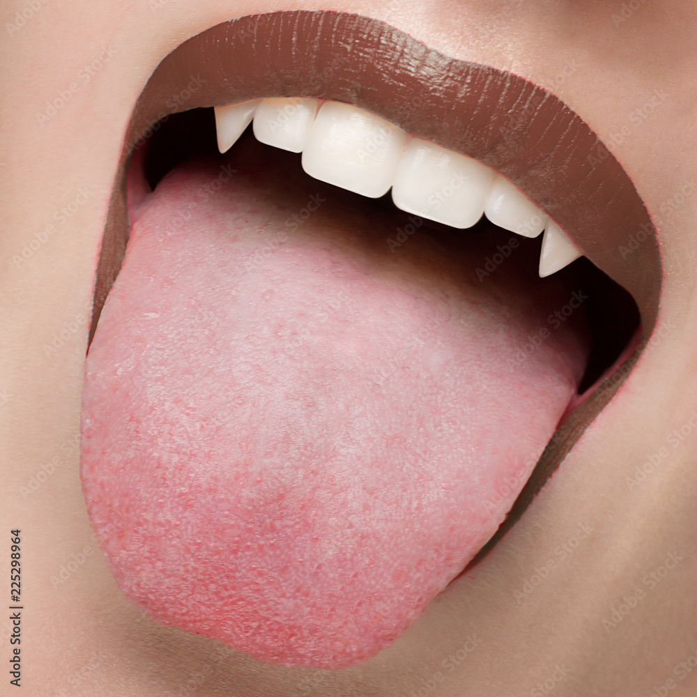 Obraz premium Macro photo of sexy female lips with natural scarlet lipstick. Woman shows her tongue and snow-white teeth with fangs like a vampire. Dentistry, cosmetology, halloween