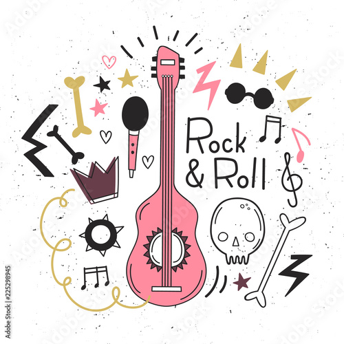 Vector set of Rock and Roll. Guitar, crown, glasses, skull, notes and inscriptions. Hand drawn style
