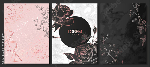 Luxury cards collection with marble golden texture and hand-drawn plants.Vector trendy background. Modern set of abstract card, template,posters,invitational