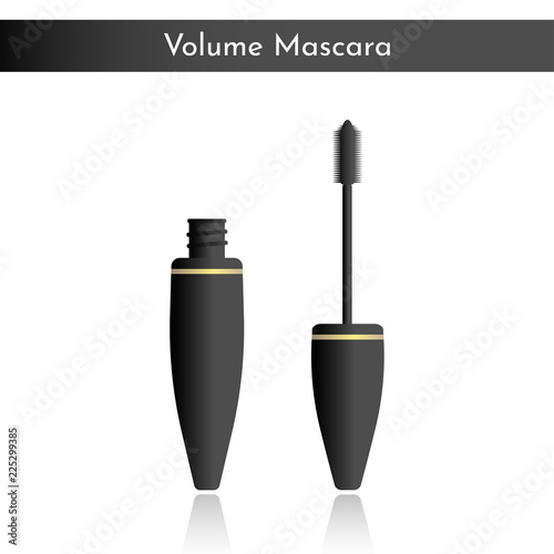 Vector illustration of mascara volume brush and bottle for make up eyes in black color with gold details and text "Volume Mascara"