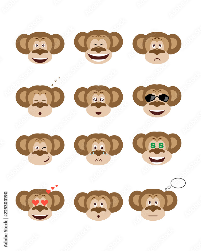Emotions monkey set. Smiling, bored, enamored, sleepy, sad and other emotions chimpanzees collection. Set expressions avatar Emotions monkey set. Smiling, bored, enamored, sleepy, sad and other emotions chimpanzees collection. Set expressions avatar