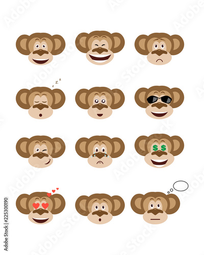 Emotions monkey set. Smiling, bored, enamored, sleepy, sad and other emotions chimpanzees collection. Set expressions avatar
