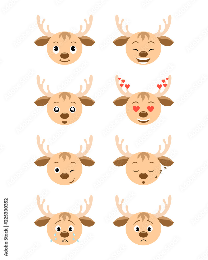 Cartoon deer emotions set. Smiling, bored, enamored, sleepy, sad, crying and other deer's emotions  collection. Set expressions avatar