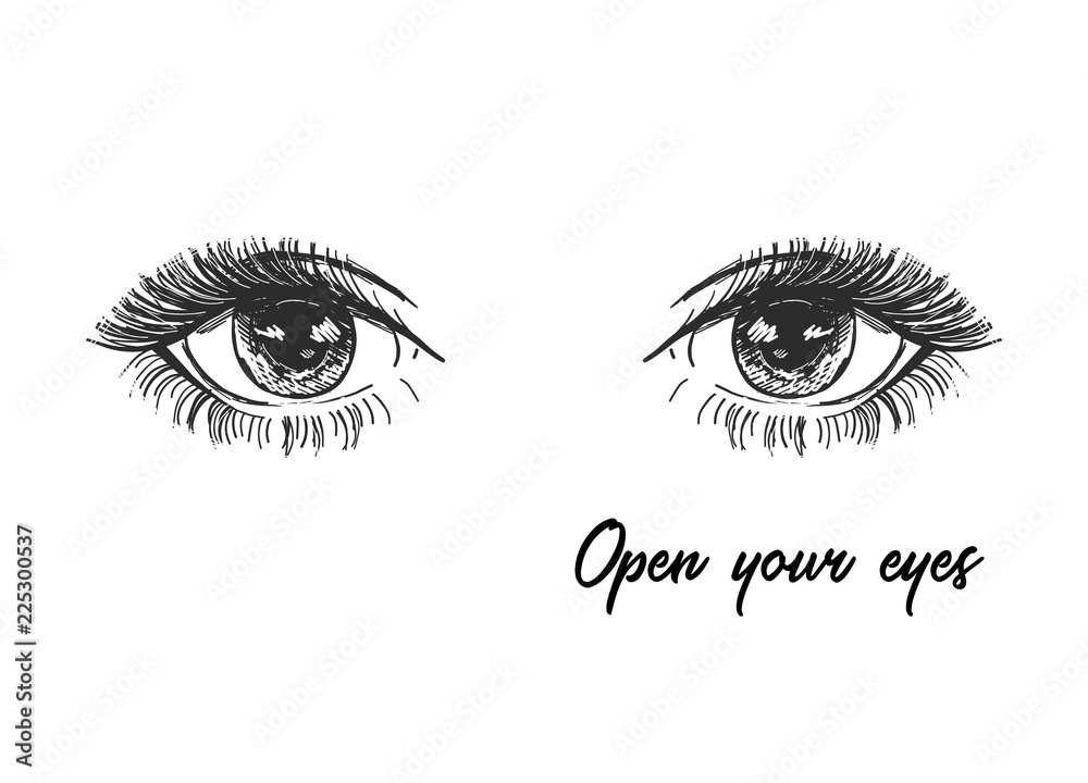 Fototapeta premium Vector art design, open eyes with long lashes, beautiful eyelashes. Fashion illustration, tee shirt slogan design
