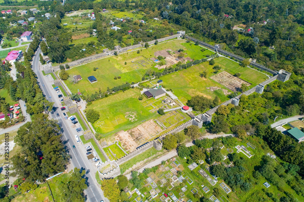 A view from above of the ruins of the fortress Gonio and the cemetery.