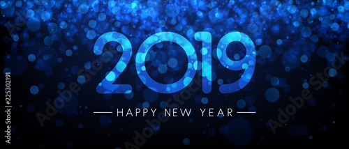 Blue shiny 2019 Happy New Year banner.