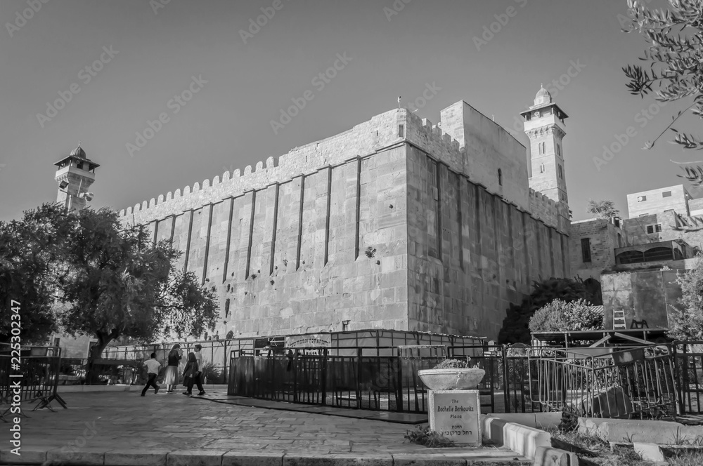 HEBRON, ISRAEL / PALESTINE. September 25, 2018. The black and white exterior view of the Cave of the Patriarchs complex where the Forefathers of the Jewish people and Islam are believed to be buried.