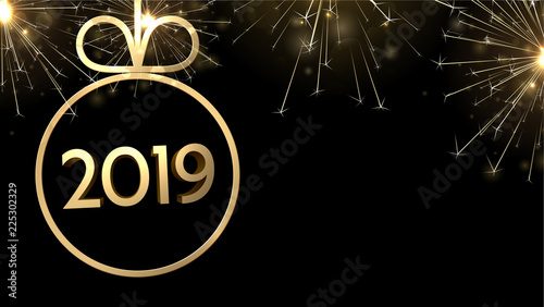 Black shiny 2019 New Year background with golden Christmas ball.