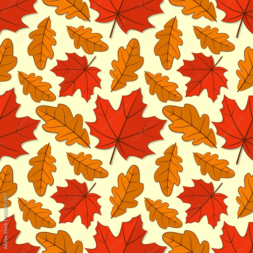 Seamless pattern with oak and maple autumn leaves. Vector illustration.